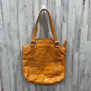 Michael Rome Designs Crocc Embossed Large Orange Leather Pockets Shoulder Bag